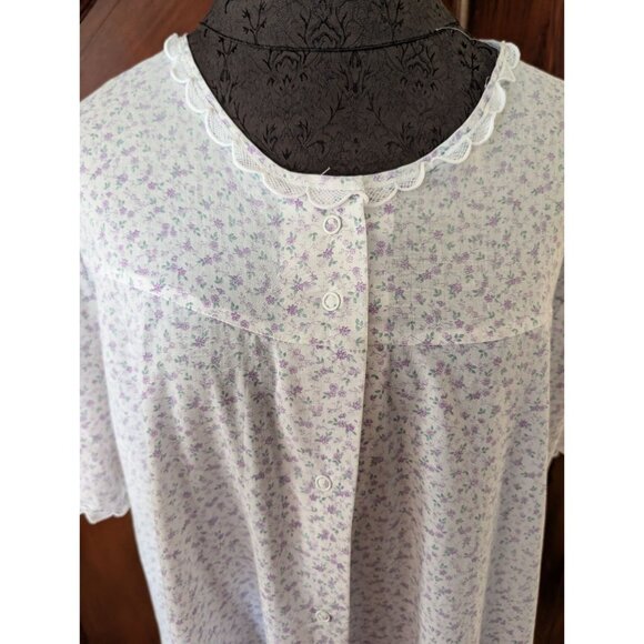 Vintage Dutchmaid Floral Button-Front Short Sleeve Nightgown Scalloped Pockets 2 - Picture 2 of 12
